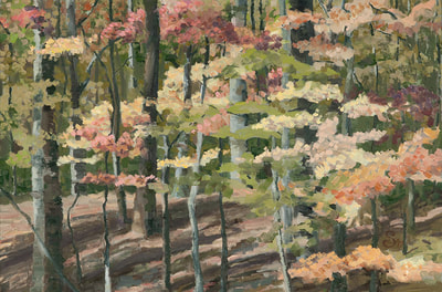 Spring, Trees, Forest, Artwork By Linda - Fall, Autumn, Falling Leaves, Orange, Yellow, Pink