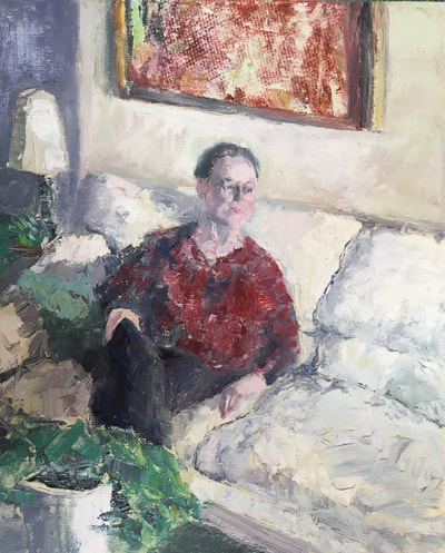Lady In Red, Woman Sitting On Sofa, Oil On Canvas